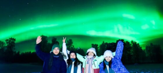 Aurora Borealis over a snowy Arctic landscape in Rovaniemi, Finland, with a tour group watching the Northern Lights.