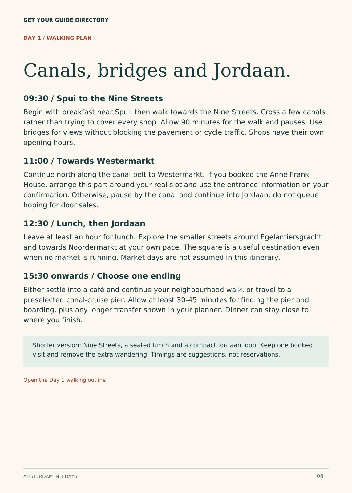 Sample Amsterdam itinerary page covering the canal belt and Jordaan