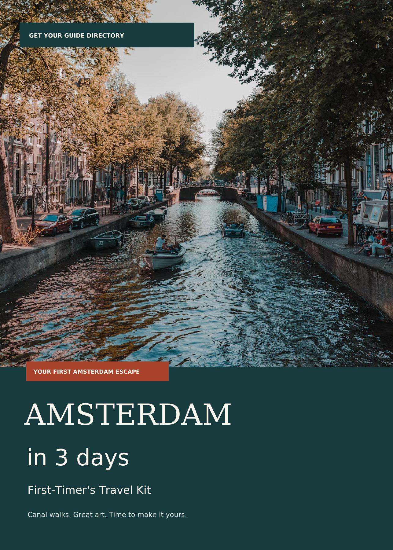 Amsterdam in 3 Days travel guide cover featuring a canal and historic houses