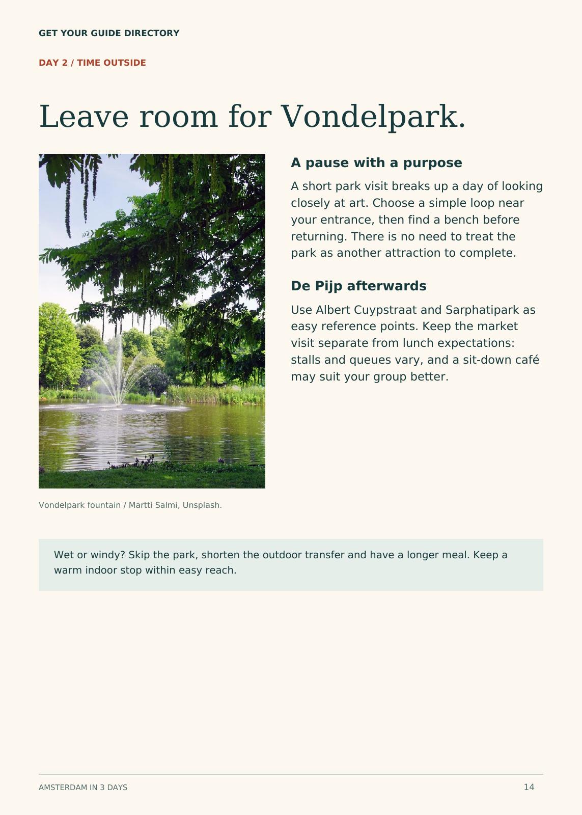 Amsterdam travel guide sample featuring a Vondelpark photograph and planning tips