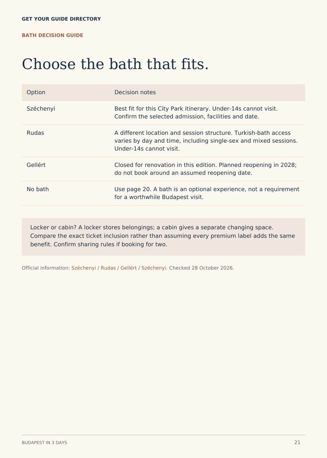 Budapest — Thermal Bath Comparison Sample guide page comparing Széchenyi, Rudas, Gellért closure and a non-bathing option.