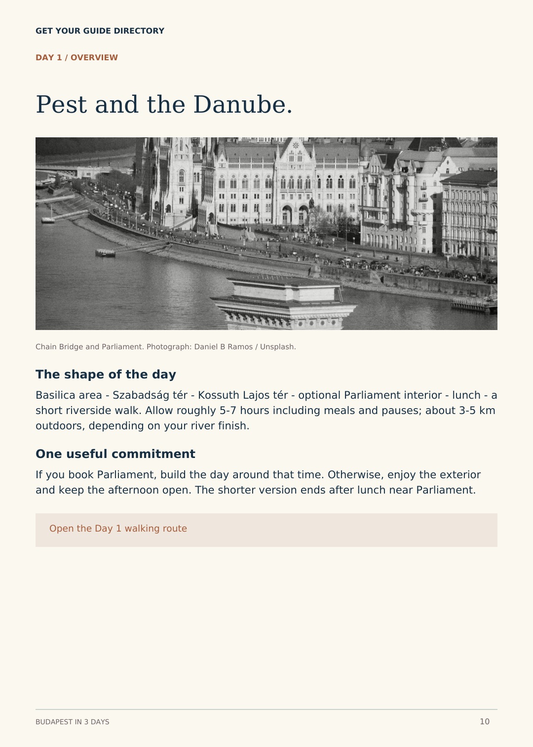 Budapest — Day One Itinerary Sample guide page outlining a first day in Pest and along the Danube.