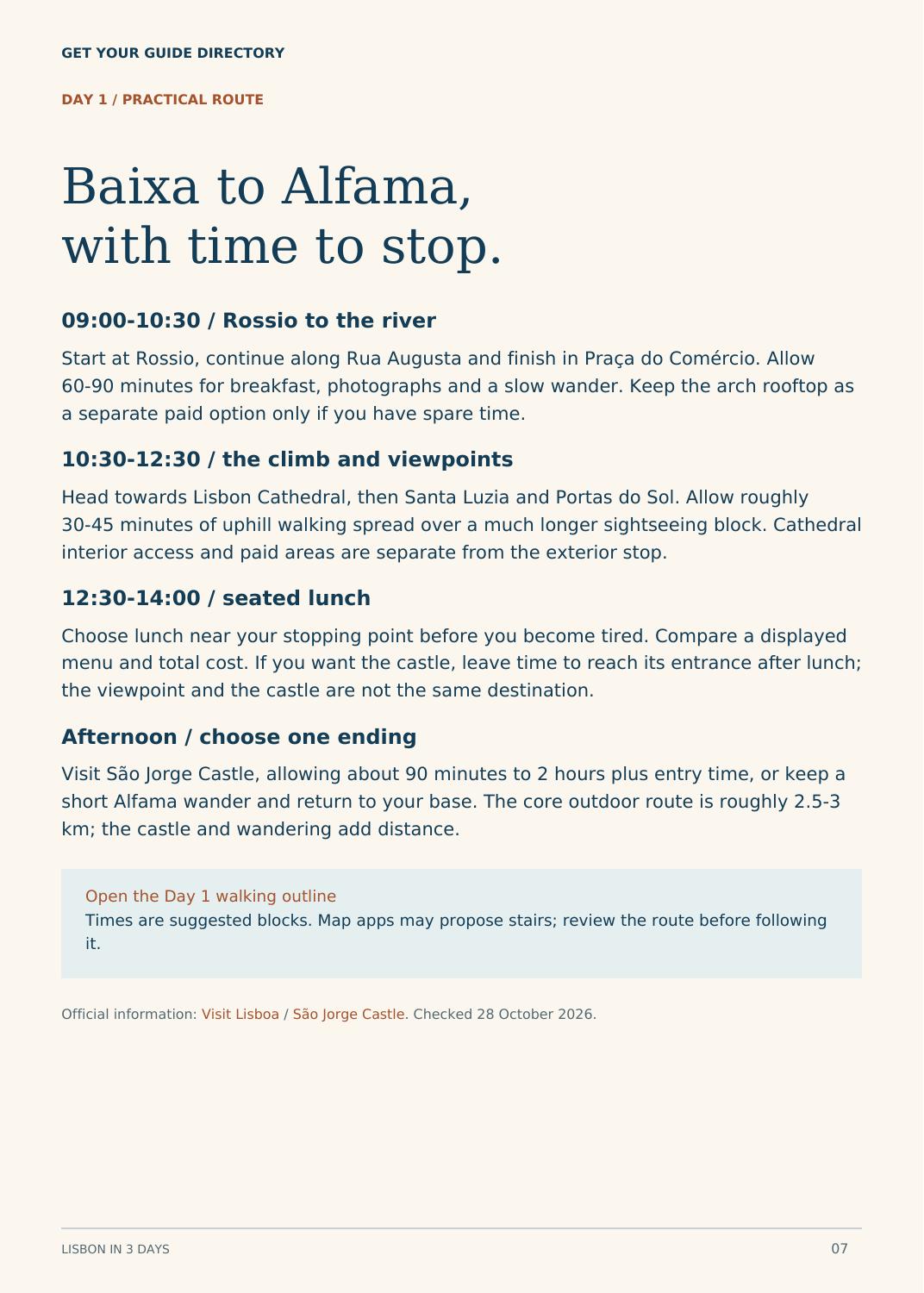 Sample Lisbon itinerary page covering Baixa and Alfama