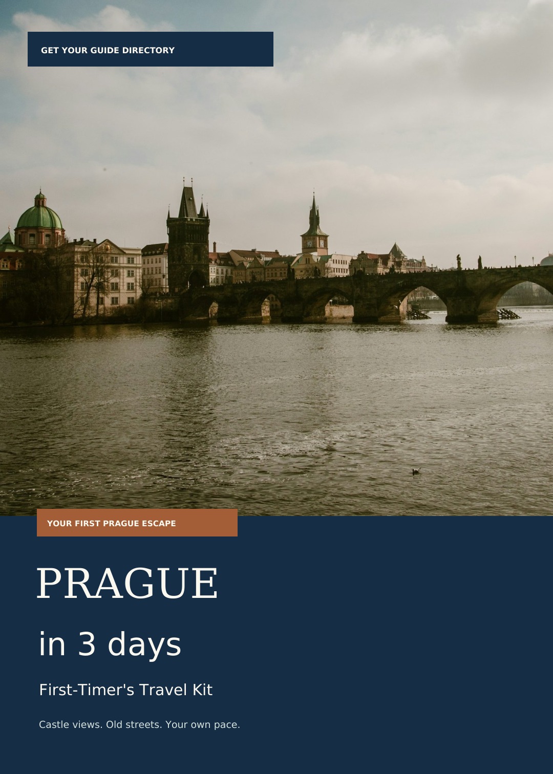 Prague in 3 Days travel guide cover with Charles Bridge and the Vltava River
