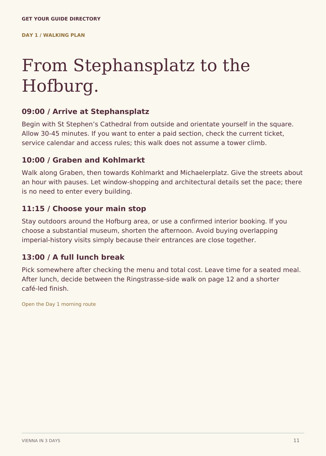 Sample historic-centre walking itinerary from the Vienna in 3 Days travel guide