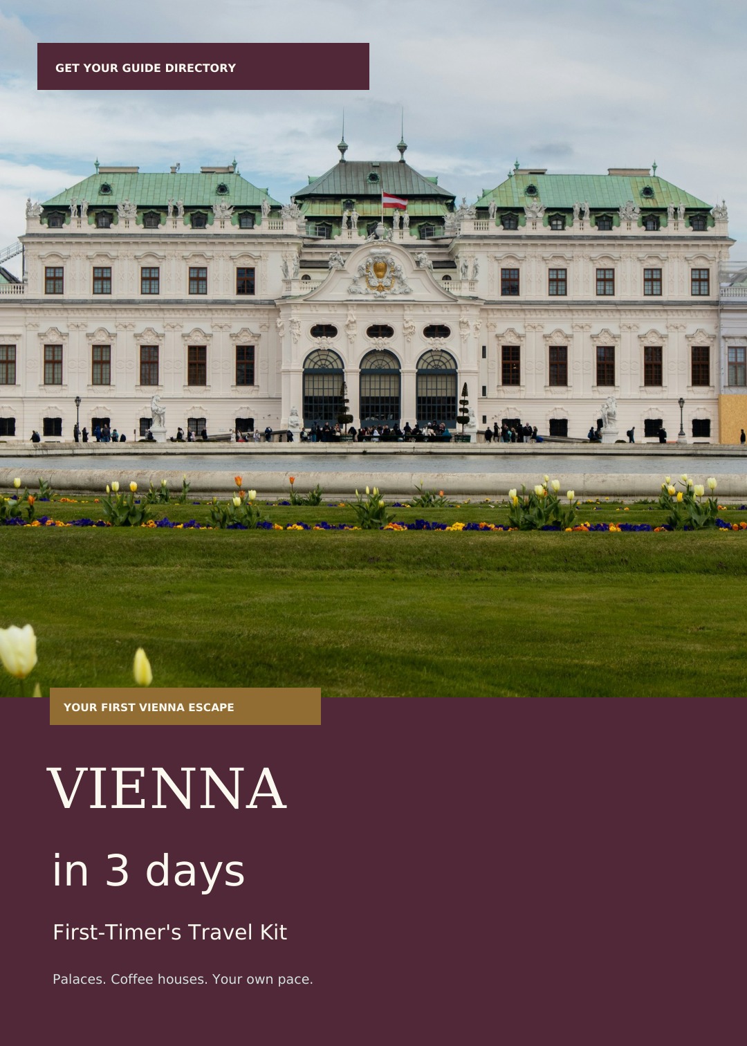 Vienna in 3 Days travel guide cover featuring Belvedere Palace and its gardens