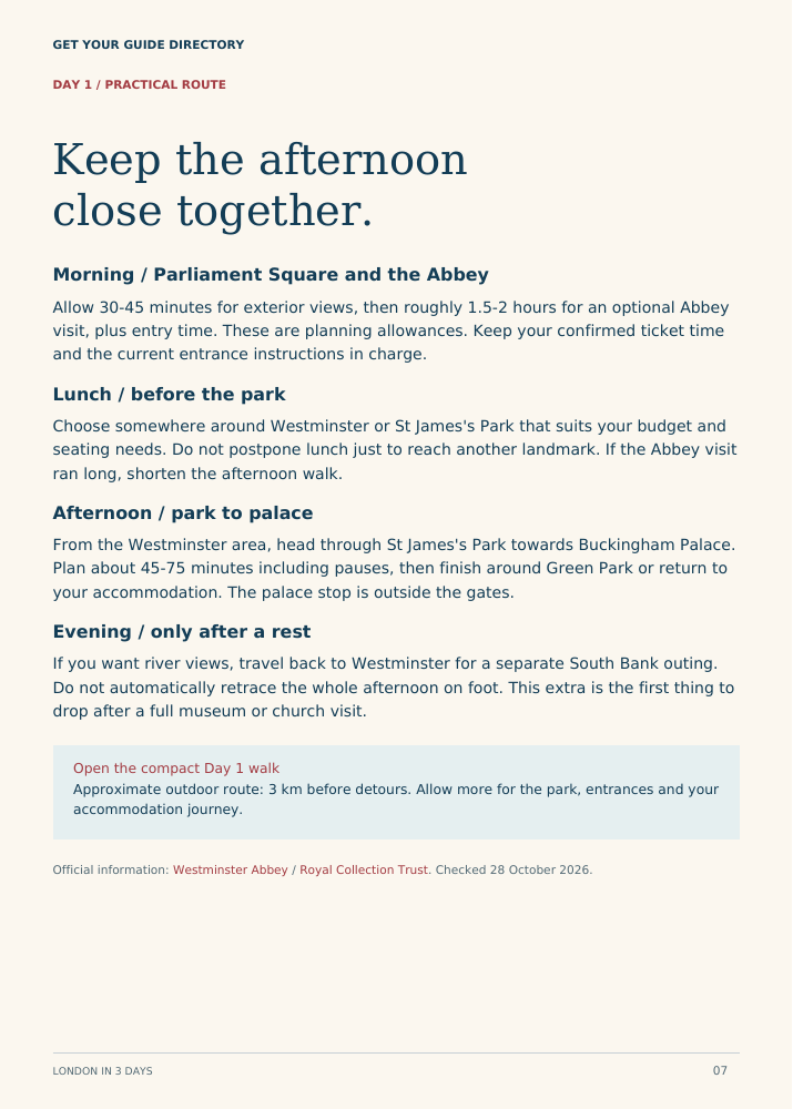 London — Day One Itinerary Sample daily itinerary page from the London in 3 Days travel guide