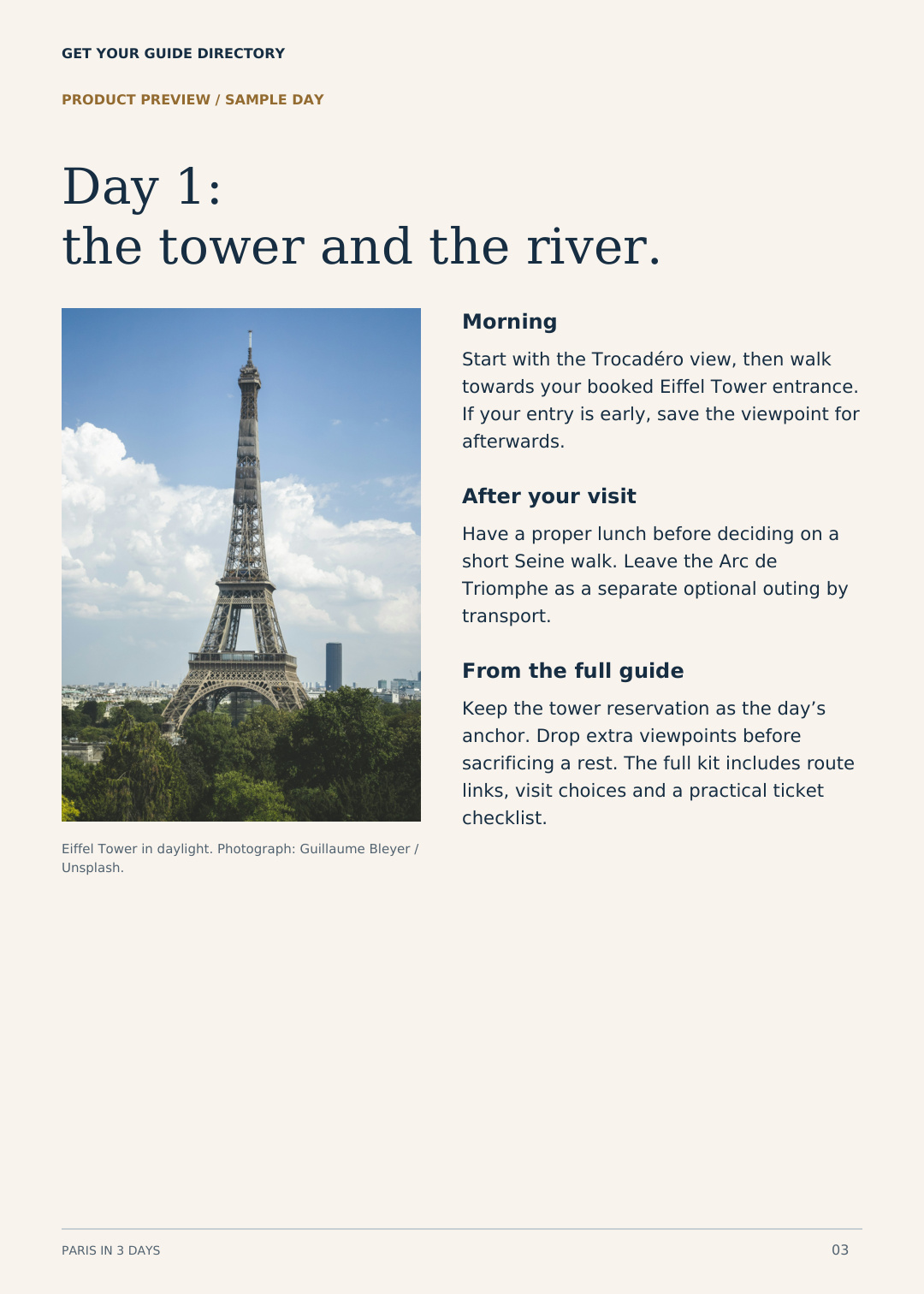 Sample Paris day-one itinerary with Eiffel Tower photography and a relaxed Seine walk