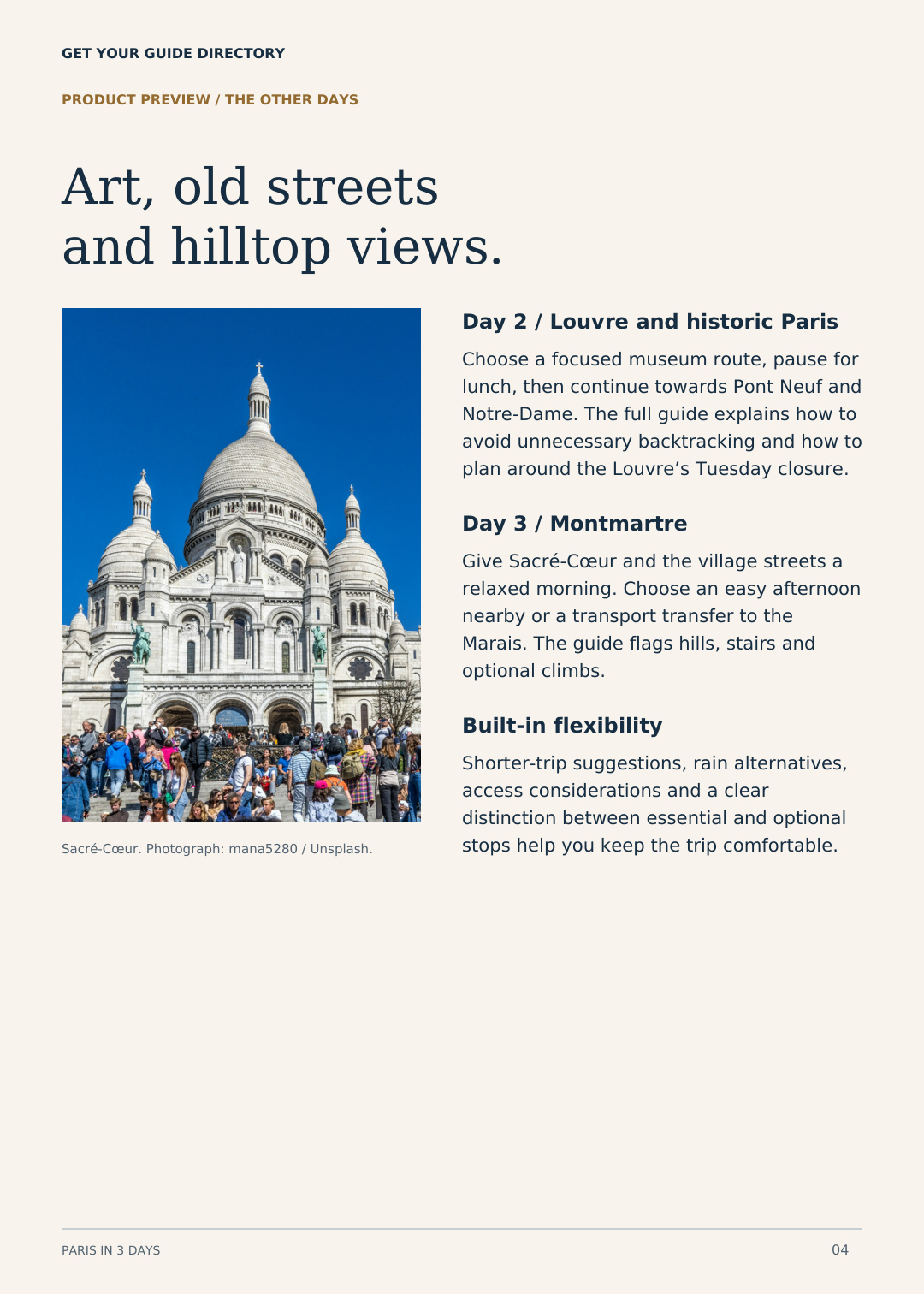 Sample Paris guide page covering the Louvre, historic Paris and Montmartre, with Sacré-Cœur photography