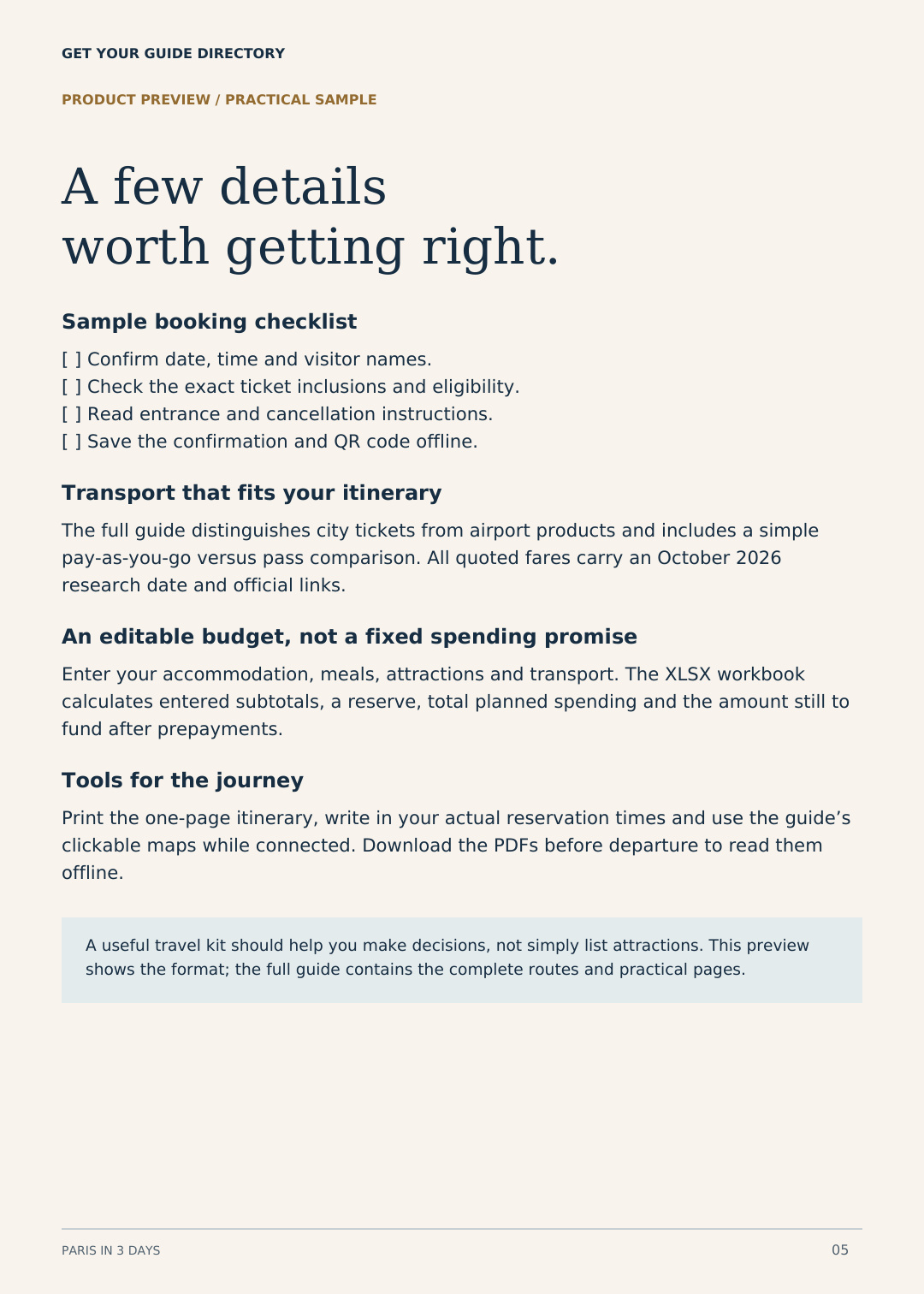 Paris travel kit sample booking checklist, transport advice and editable budget planning tools