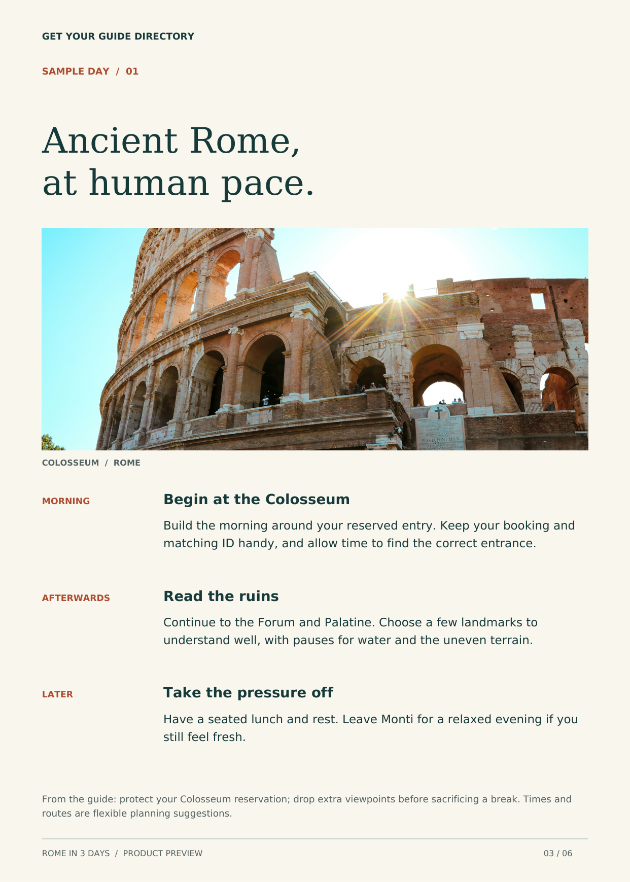 Sample day-one itinerary: Colosseum, Roman Forum, Palatine and Monti