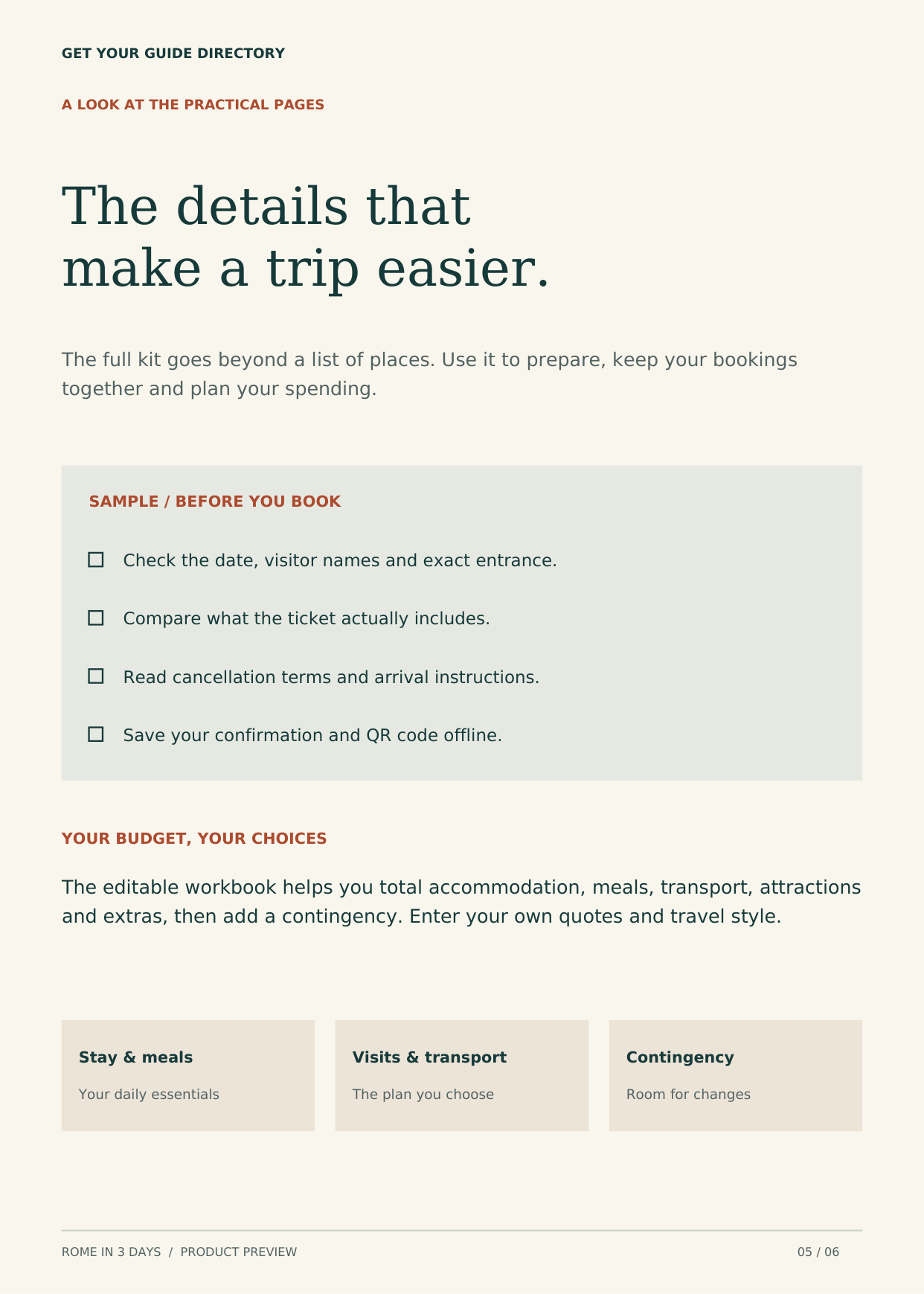 Sample booking checklist and budget planning tools from the Rome travel kit